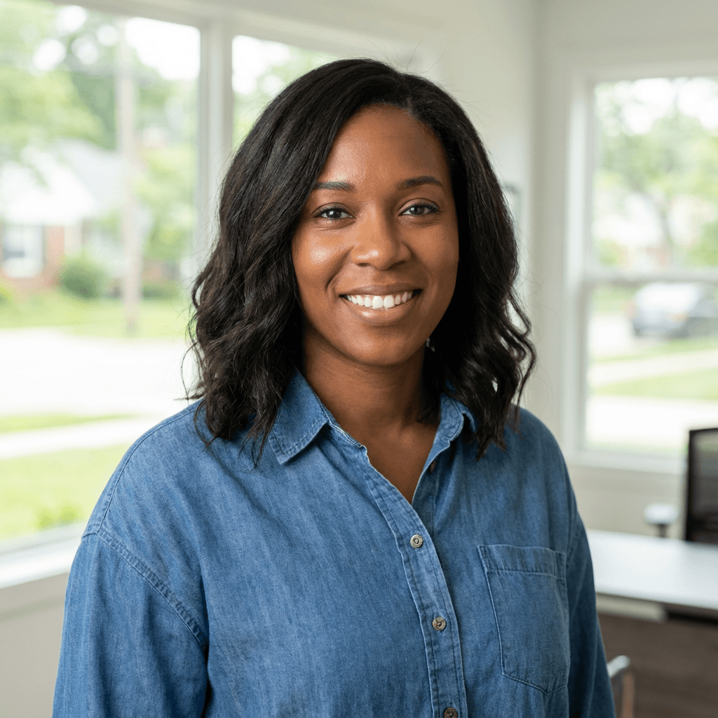 Smiling Black woman with dark wavy hair wearing a blue denim button-down shirt.