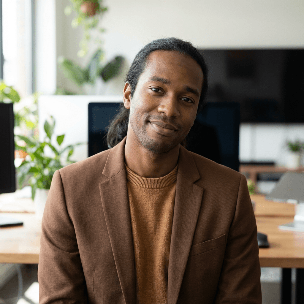 Smiling Black man with long hair wearing a brown blazer in a bright office.