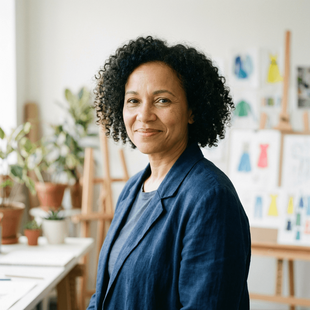 Smiling woman with curly hair wearing a blue blazer in a bright art studio.