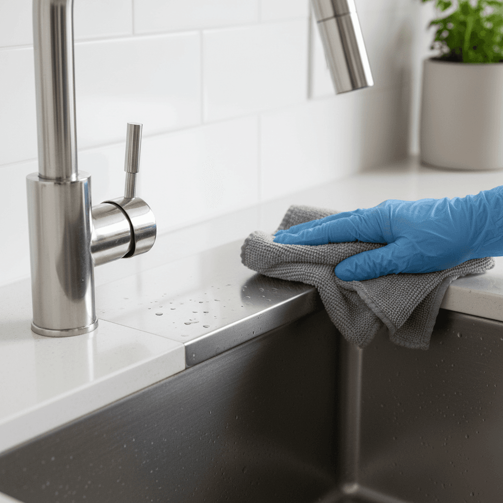Stainless steel stove top polished during kitchen cleaning