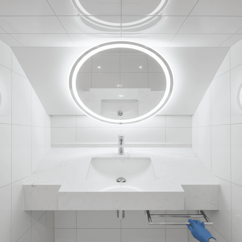Sanitizing a commercial restroom sink and counter