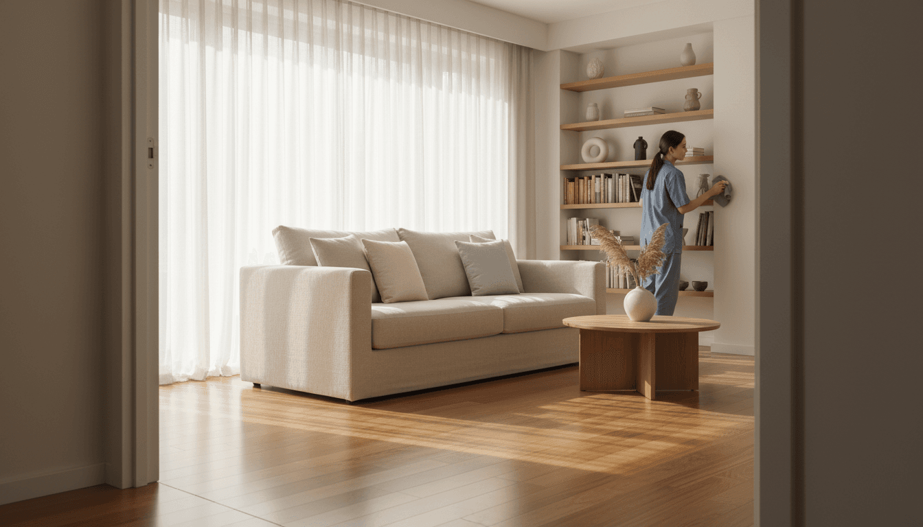Bright living room with clean surfaces and natural light after professional cleaning
