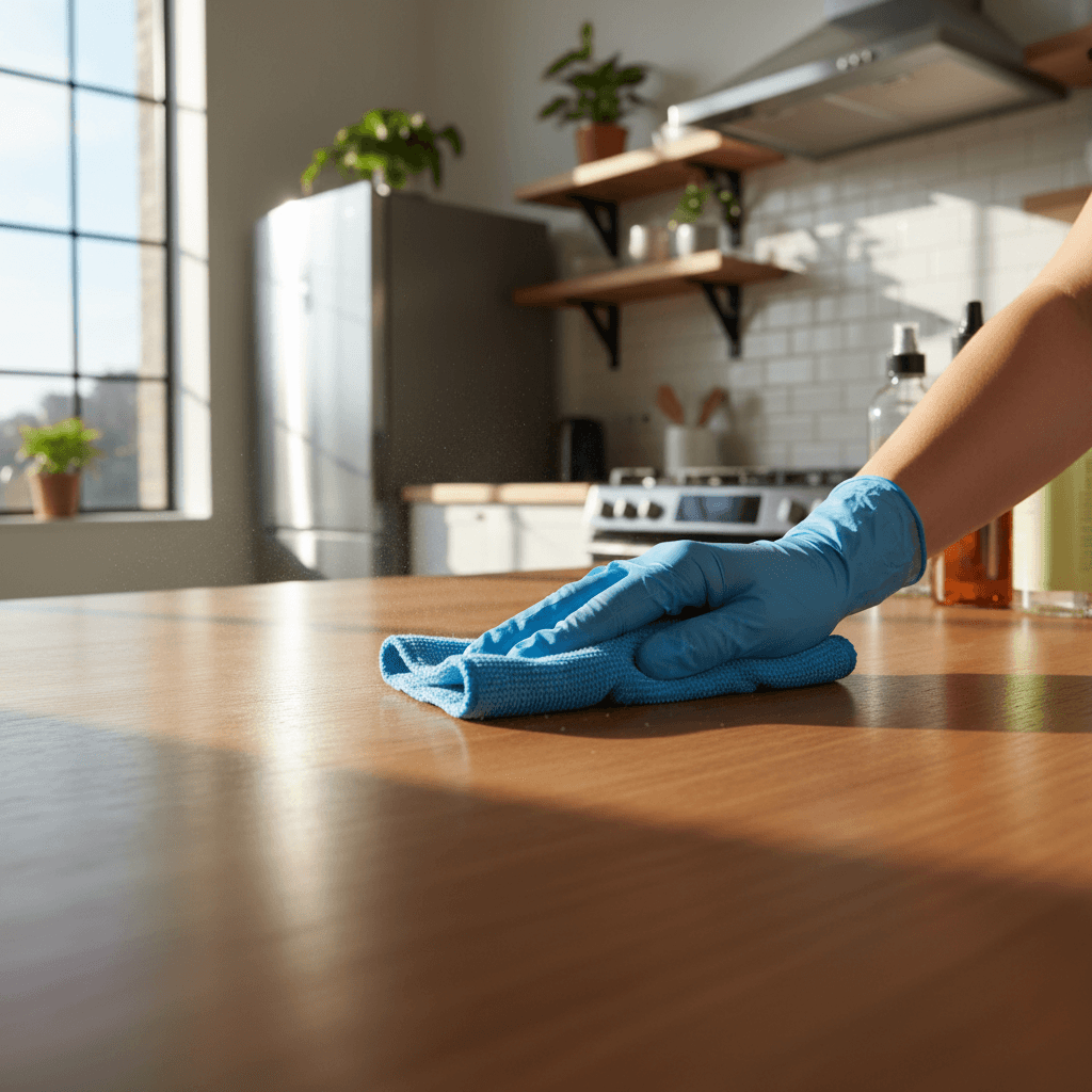 Professional cleaner wiping a countertop in a bright modern kitchen