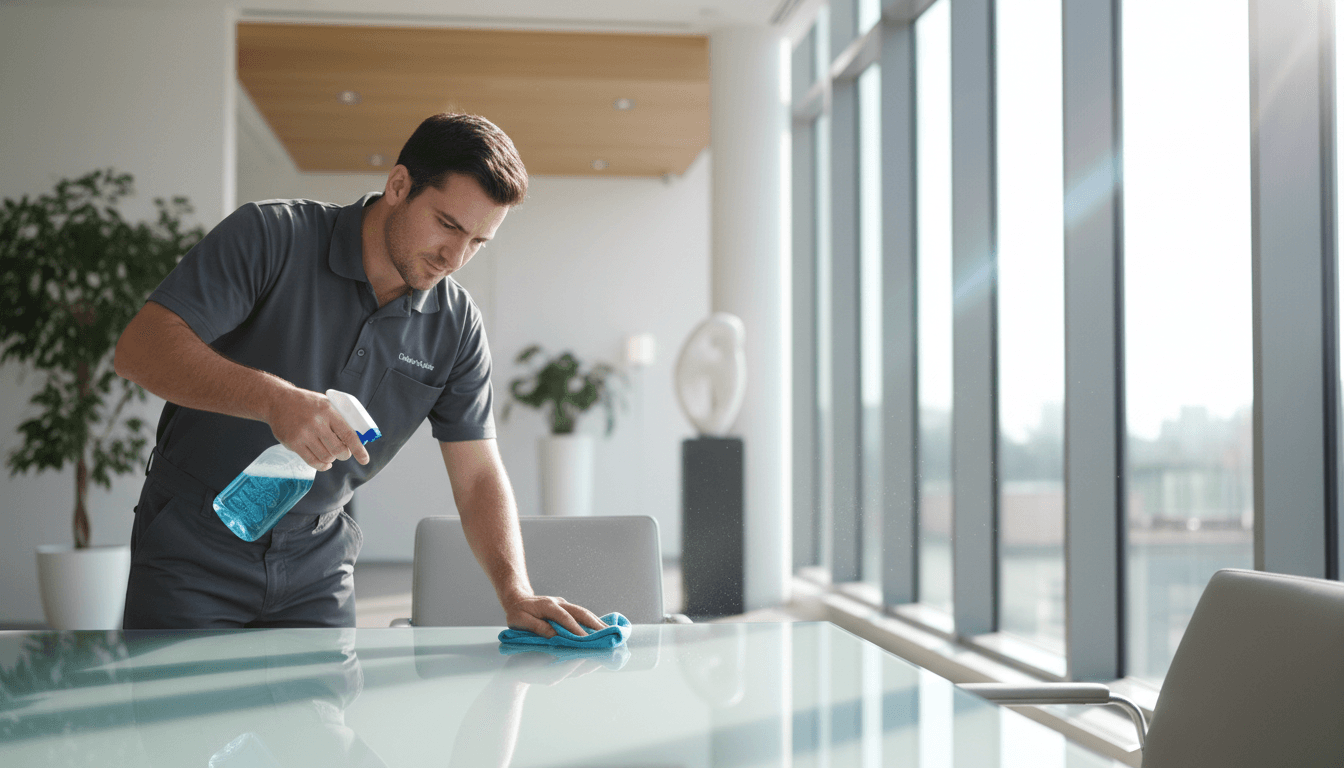 Professional cleaner wiping down office desks in a bright modern workspace
