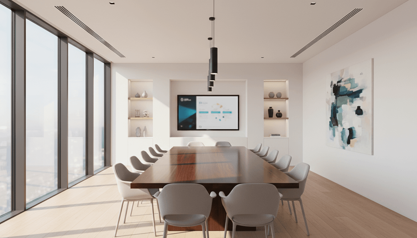 Spotless conference room with polished table and glass walls