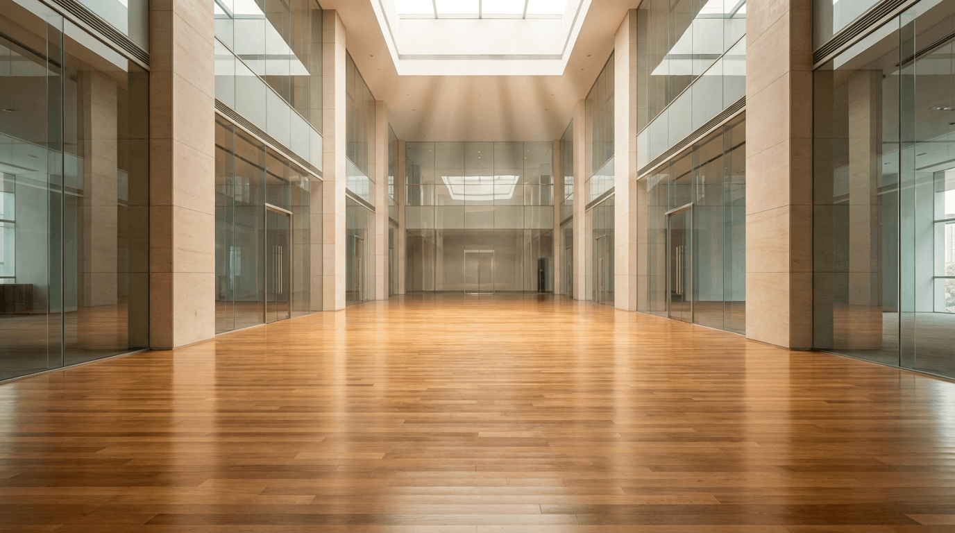 Bright office lobby with polished floors after a cleaning