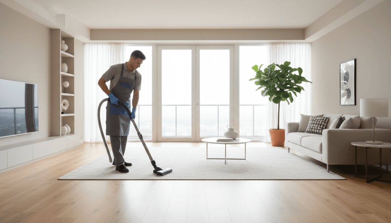 Professional cleaner in uniform talking with homeowner in bright living room