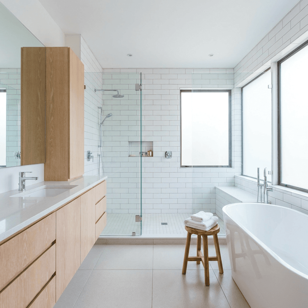 Bathroom with polished sink and mirror after cleaning