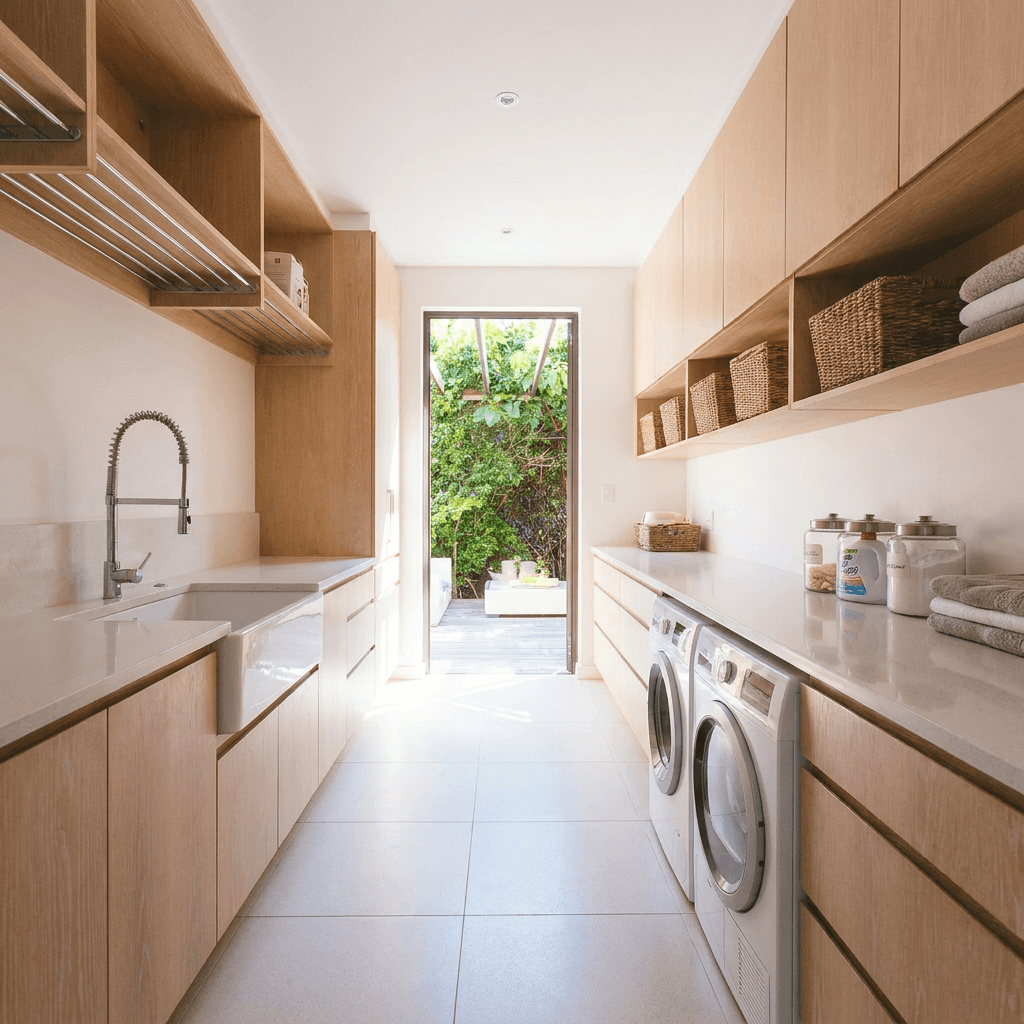 Folded towels in organized laundry room after cleaning service